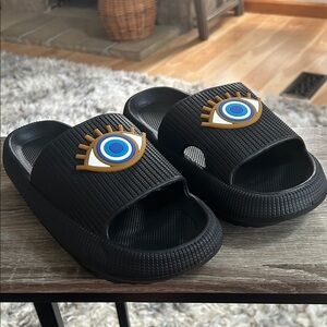 Black Slide Sandals with Eye Design
